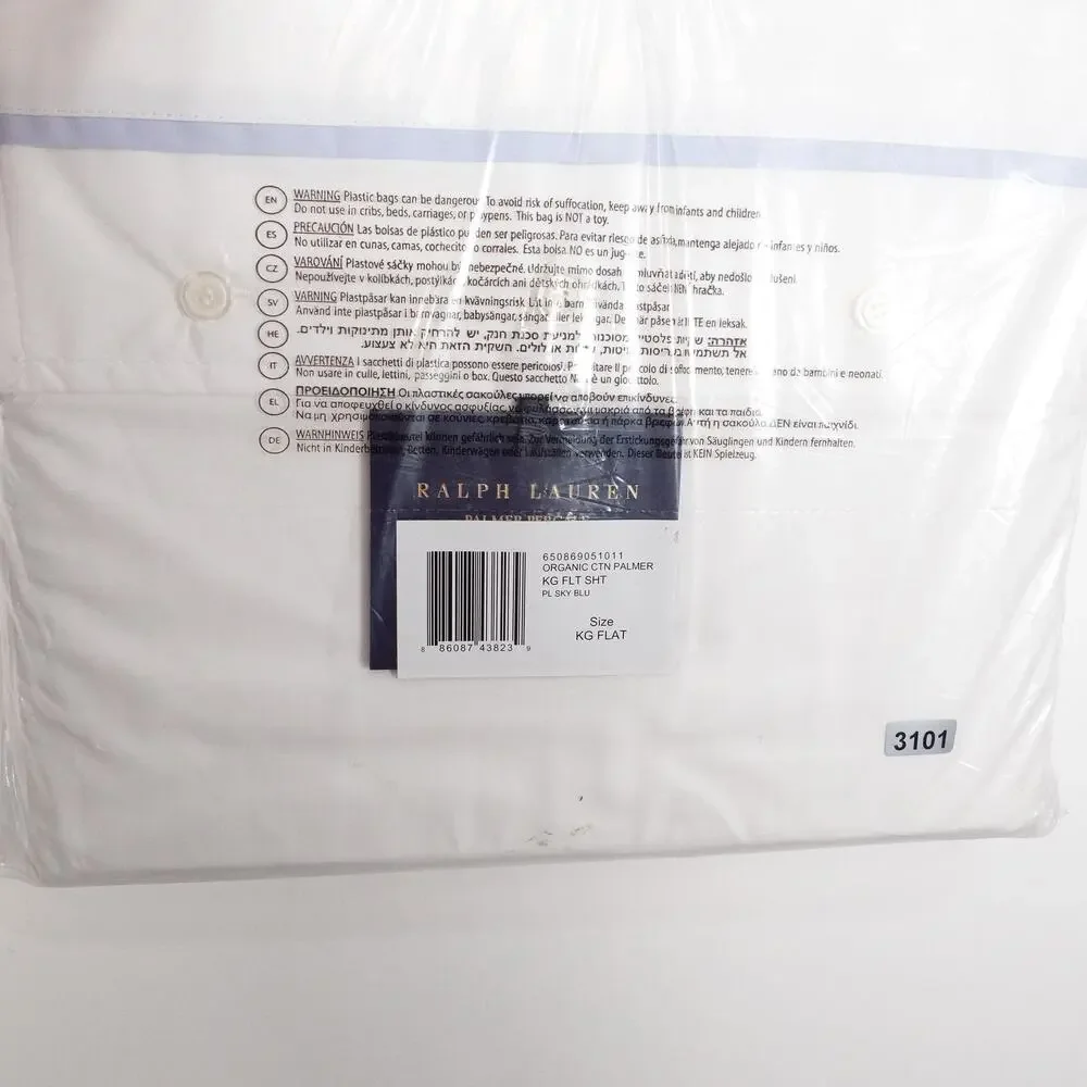 New Ralph Lauren Organic Cotton Percale Palmer King Flat Sheet White/Sky Blue